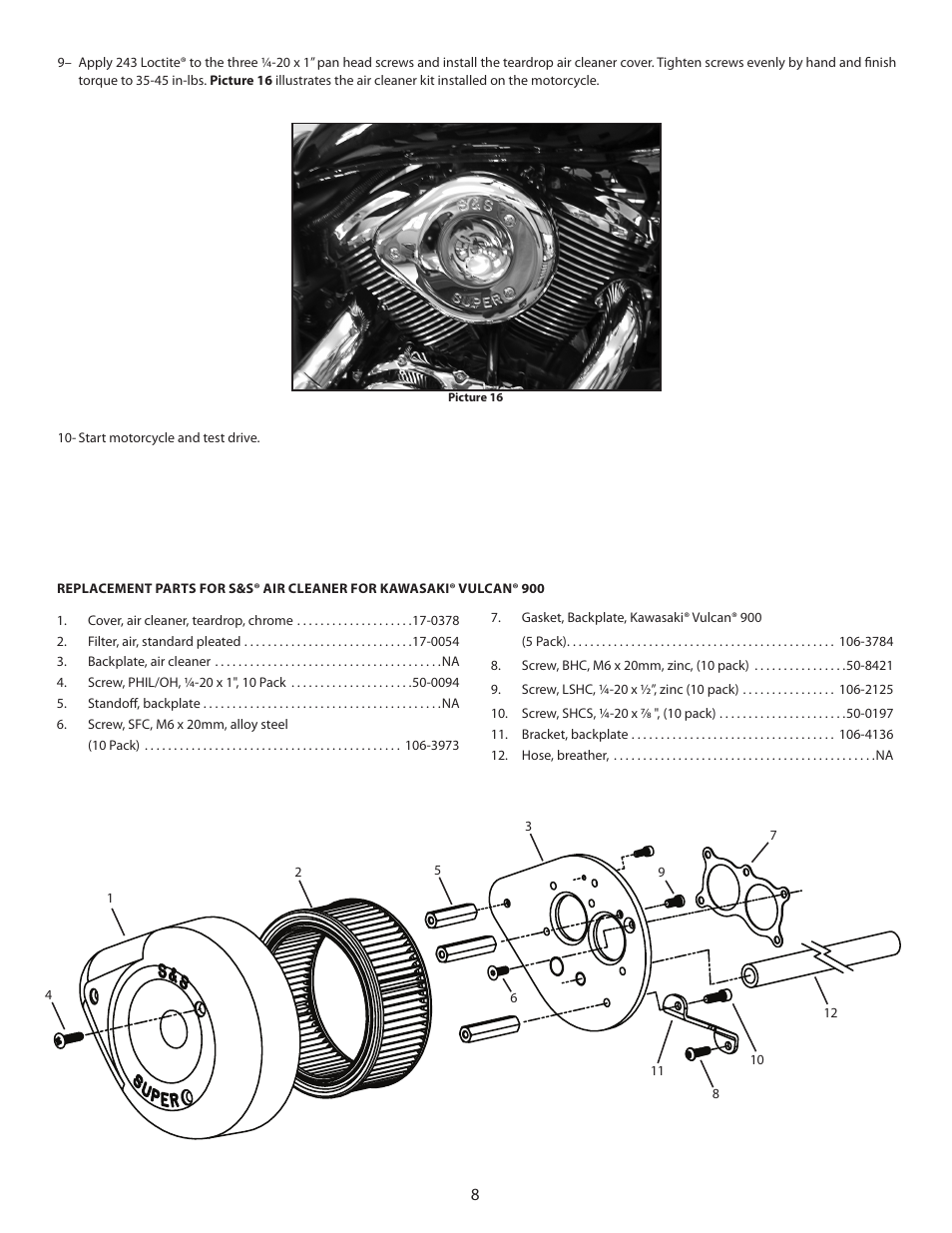 S&S Cycle Teardrop Air Cleaner Kit PN 106-3738 for 2006-2008 Kawasaki Vulcan 900 Motorcycles User Manual | Page 8 / 8