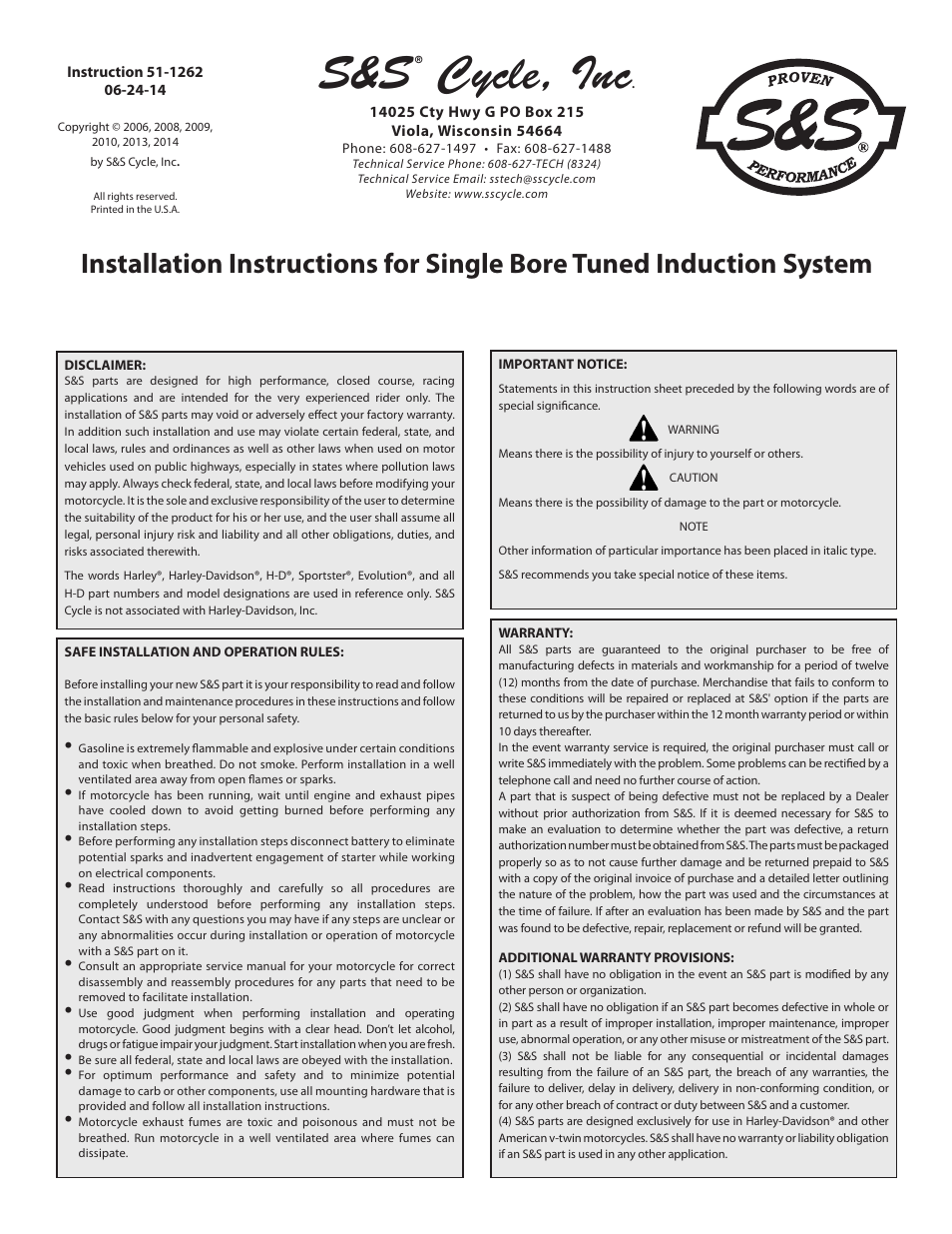 S&S Cycle Single Bore Tuned Induction System User Manual | 7 pages