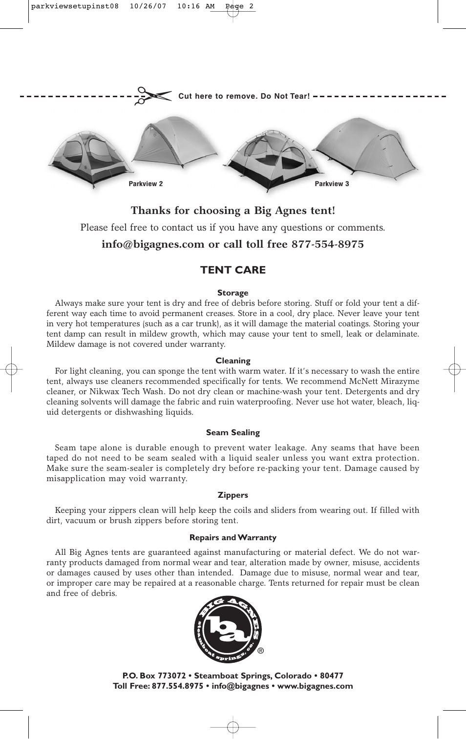 Big Agnes Parkview Series Parkview 3 User Manual | Page 2 / 2