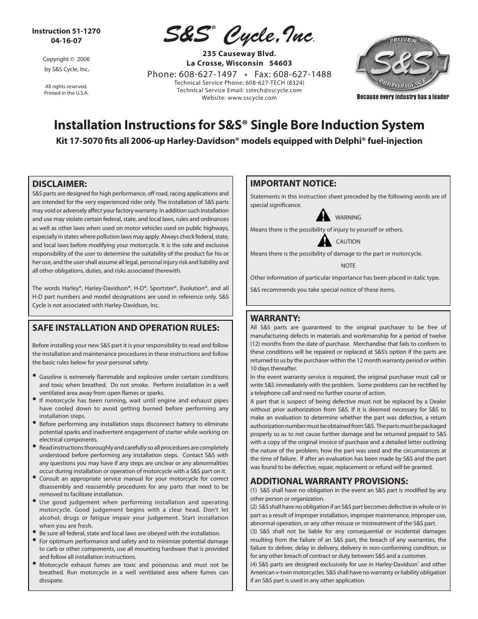 S&S Cycle Single Bore Induction System User Manual | 12 pages