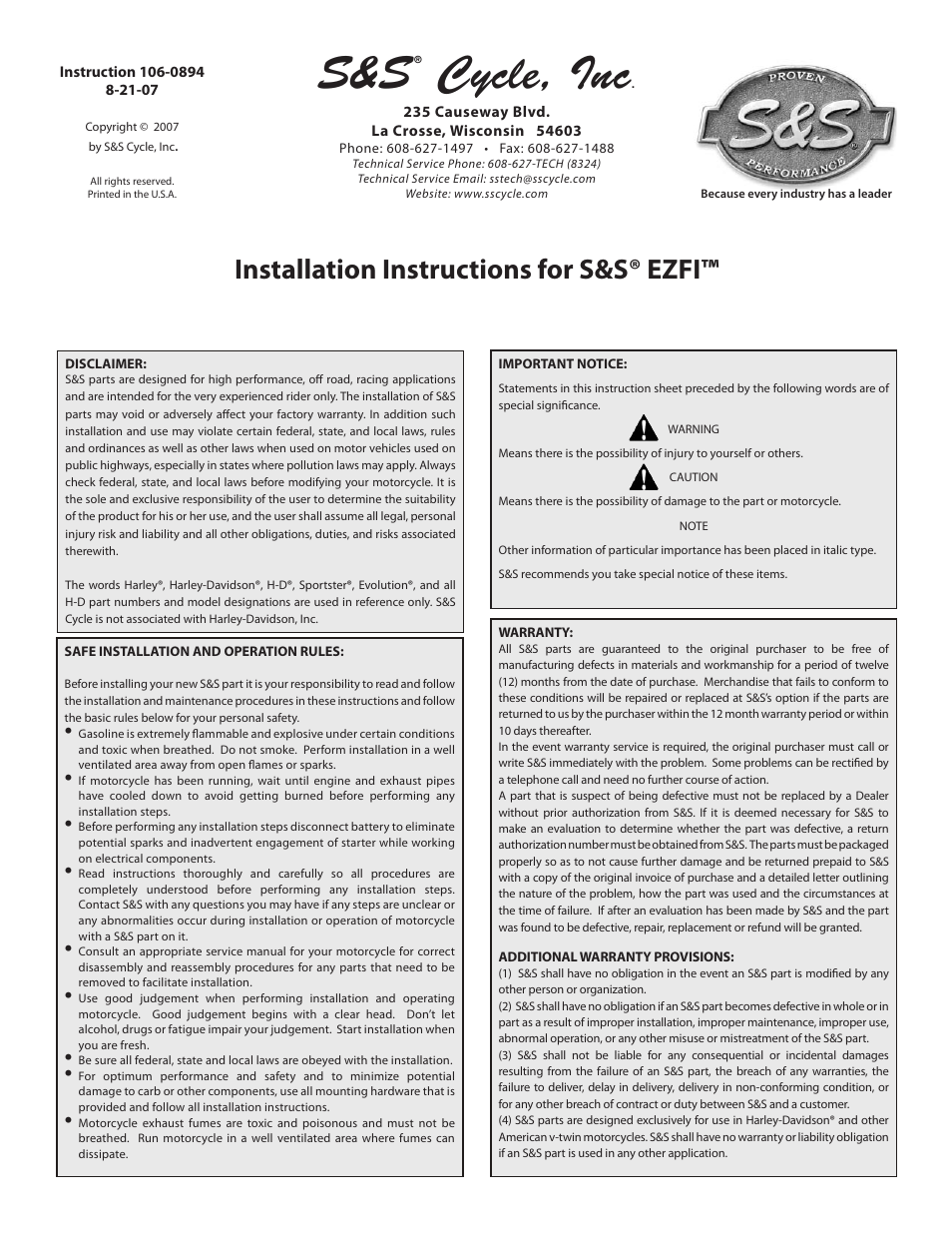 S&S Cycle EZFI User Manual | 4 pages