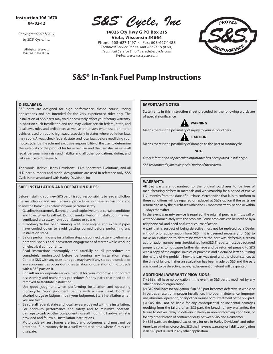 S&S Cycle In-Tank Fuel Pump User Manual | 8 pages