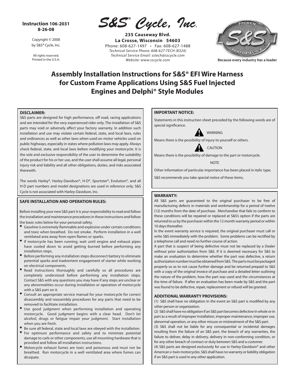 S&S Cycle EFI Wire Harness for Custom Frame Applications Using S&S Fuel Injected Engines and Delphi Style Modules User Manual | 16 pages