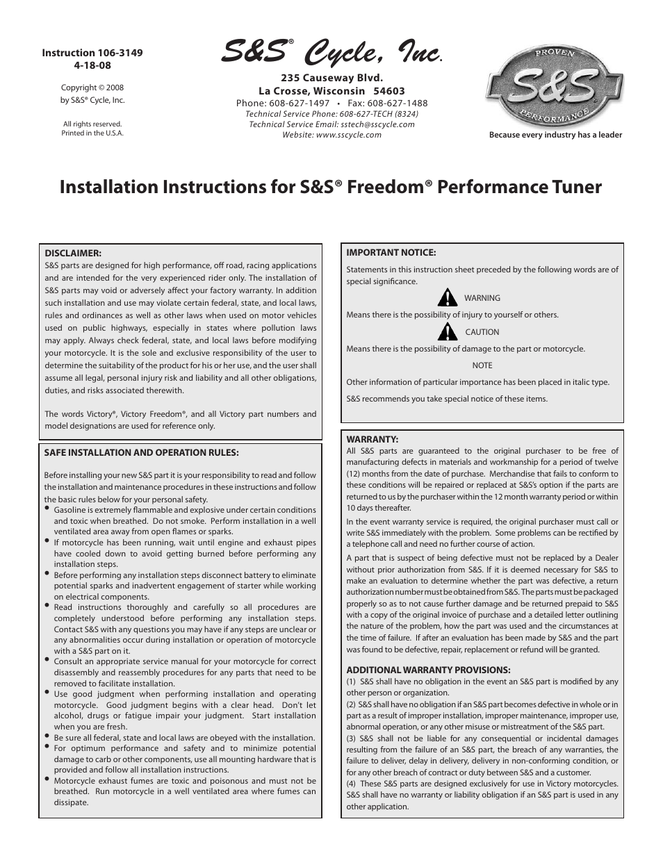 S&S Cycle Freedom Performance Tuner User Manual | 4 pages