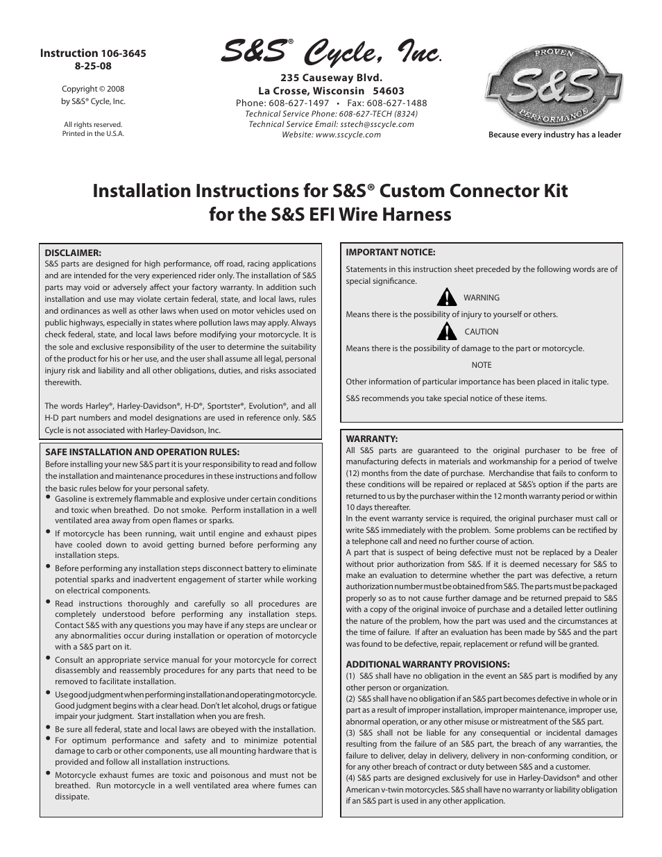 S&S Cycle Custom Connector Kit for the S&S EFI Wire Harness User Manual | 4 pages