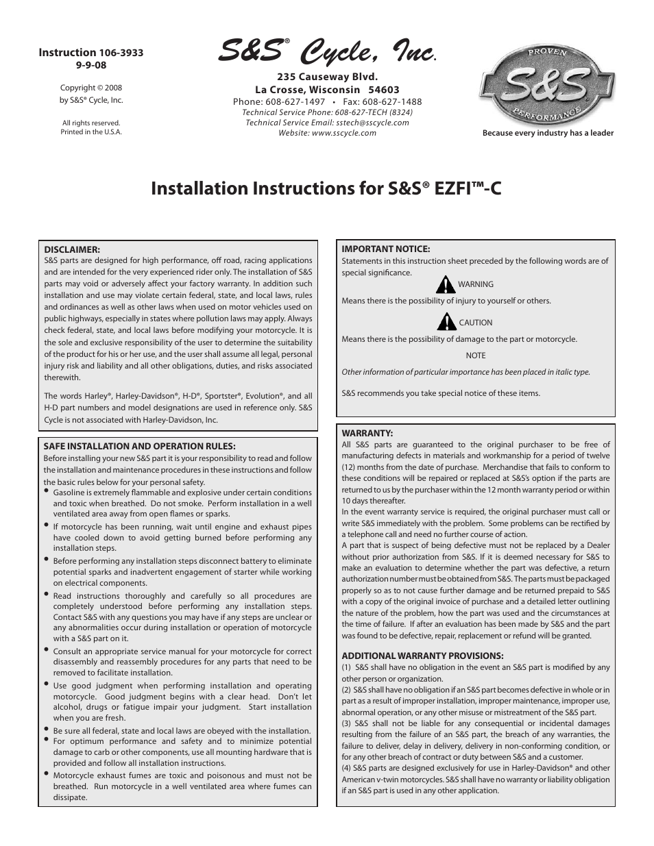 S&S Cycle EZFI-C User Manual | 4 pages