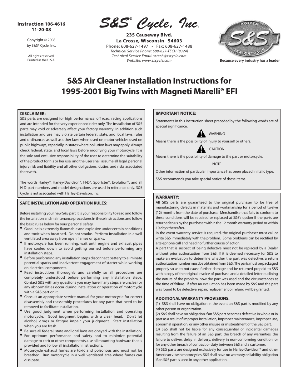 S&S Cycle Air Cleaner for 1995-2001 Big Twins with Magneti Marelli EFI User Manual | 8 pages