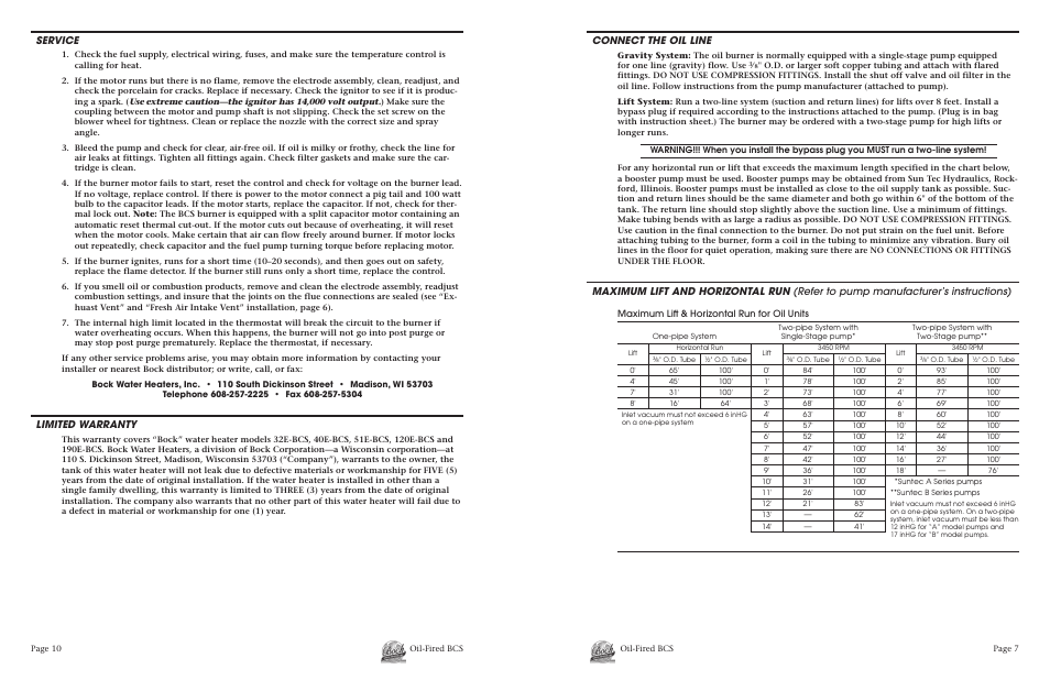 Service, Limited warranty, Connect the oil line | BCS Oil-Fired User Manual | Page 10 / 16