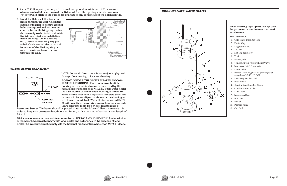 Bock oil-fired water heater, Water heater placement | BCS Oil-Fired User Manual | Page 13 / 16