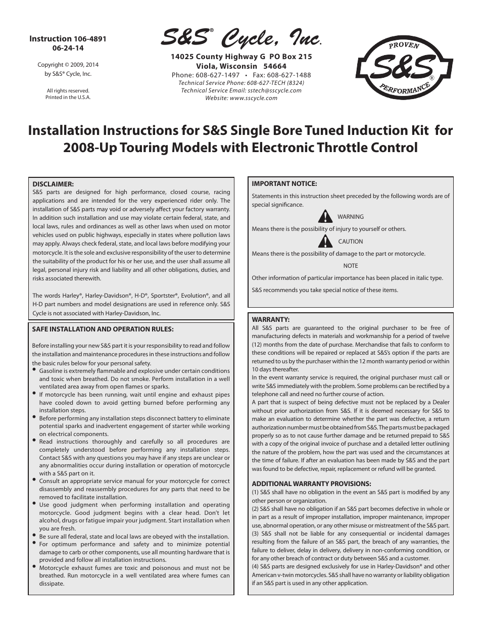 S&S Cycle Single Bore Tuned Induction Kit for 2008-Up Touring Models with Electronic Throttle Control User Manual | 5 pages