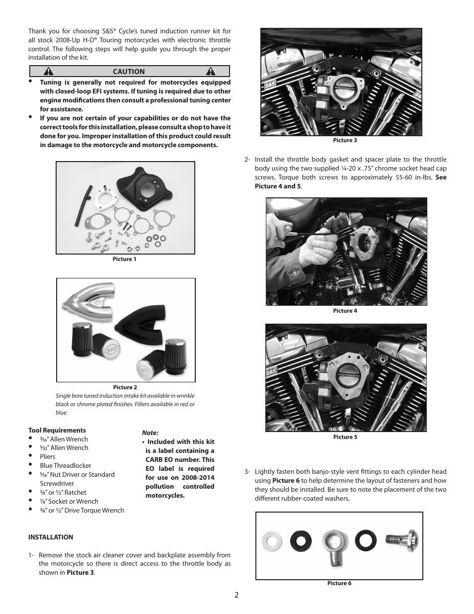 S&S Cycle Single Bore Tuned Induction Kit for 2008-Up Touring Models with Electronic Throttle Control User Manual | Page 2 / 5