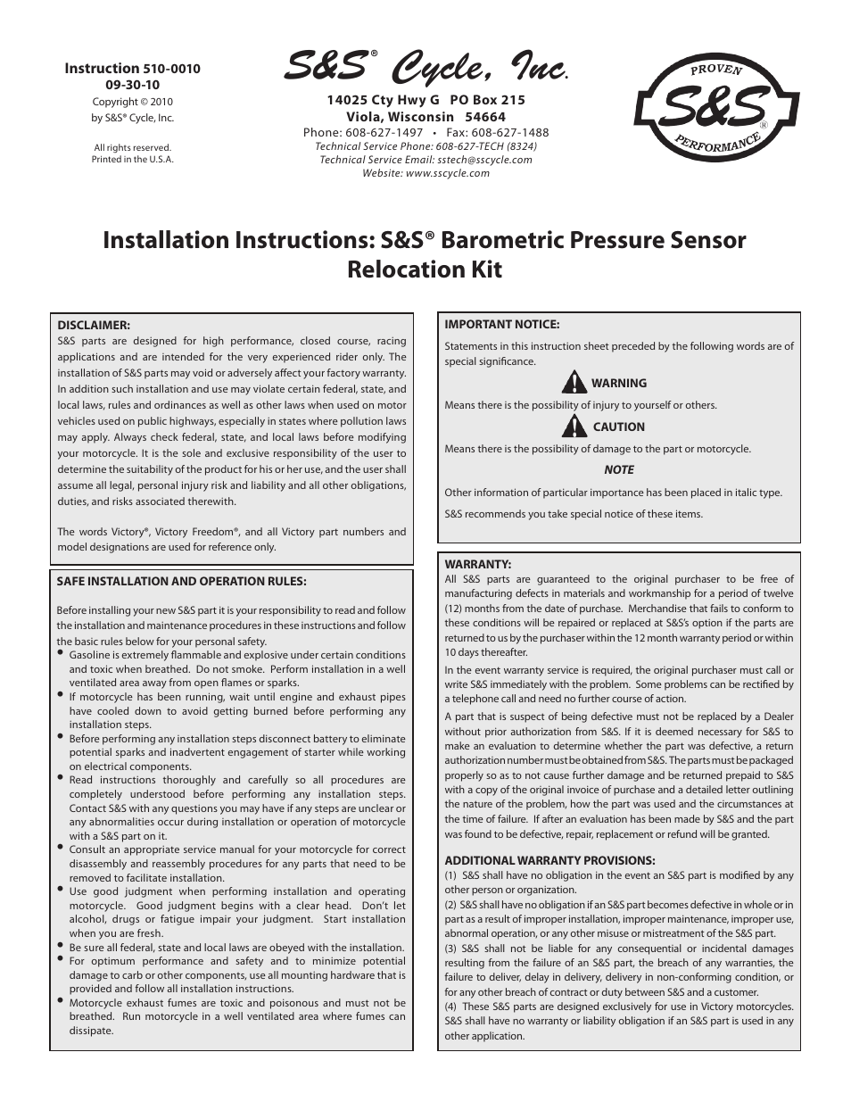 S&S Cycle Barometric Pressure Sensor Relocation Kit User Manual | 4 pages