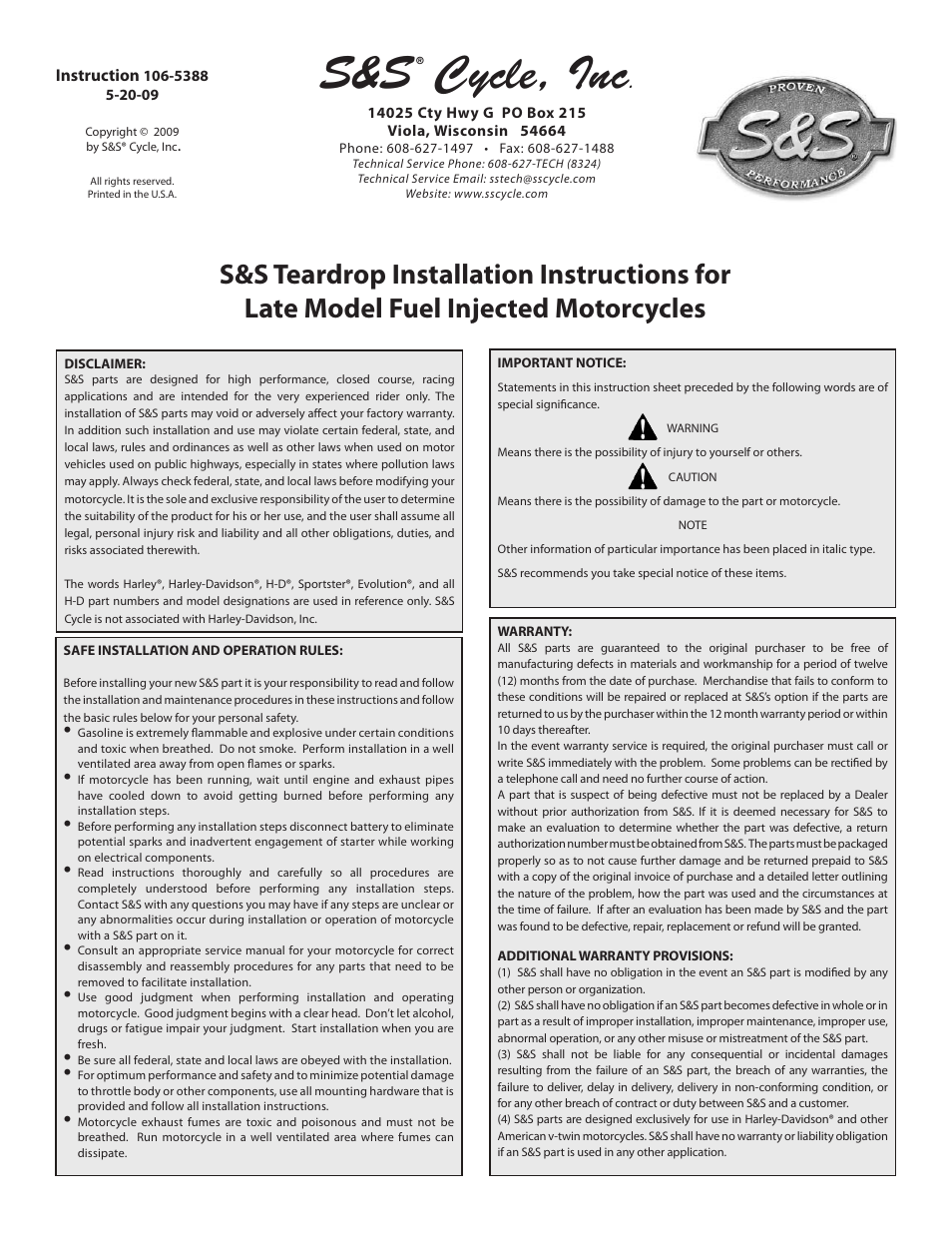 S&S Cycle Late Model Fuel Injected Motorcycles User Manual | 7 pages