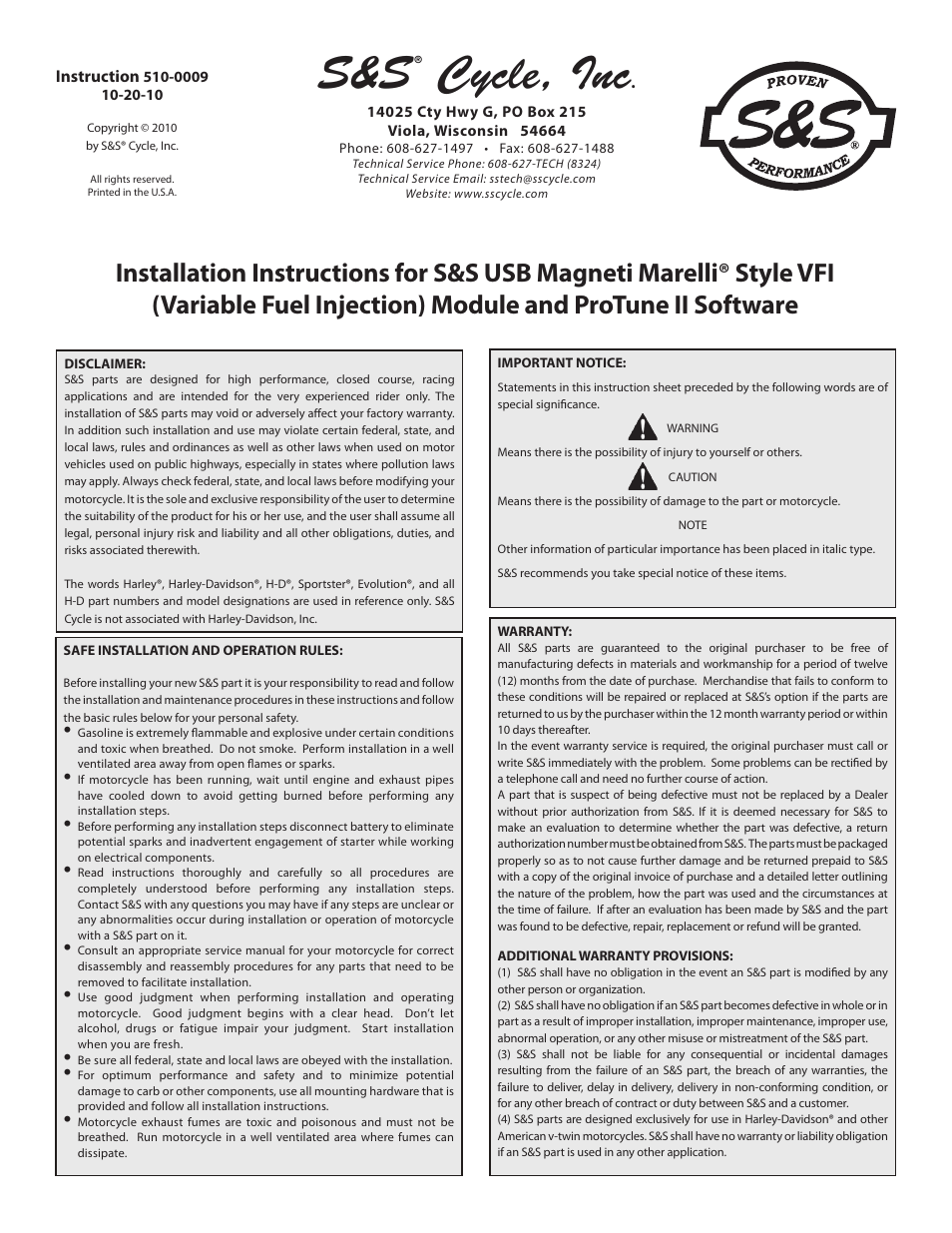 S&S Cycle USB Magneti Marelli Style VFI (Variable Fuel Injection) Module and ProTune II Software User Manual | 12 pages