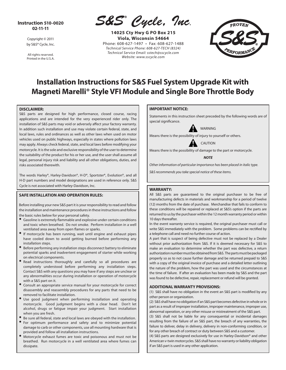 S&S Cycle Fuel System Upgrade Kit with Magneti Marelli Style VFI Module and Single Bore Throttle Body User Manual | 4 pages