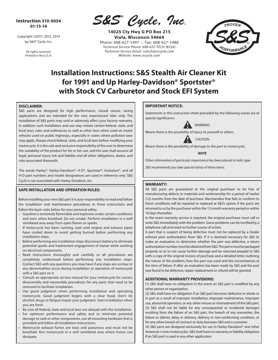 S&S Cycle Stealth Air Cleaner Kit for 1991 and Up Harley-Davidson Sportster with Stock CV Carburetor and Stock EFI System User Manual | 4 pages