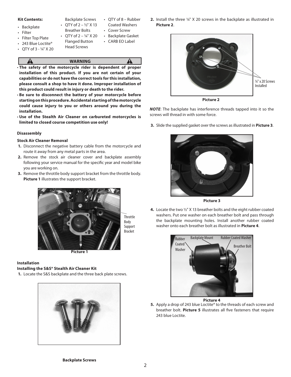 S&S Cycle Stealth Air Cleaner Kit for 1991 and Up Harley-Davidson Sportster with Stock CV Carburetor and Stock EFI System User Manual | Page 2 / 4