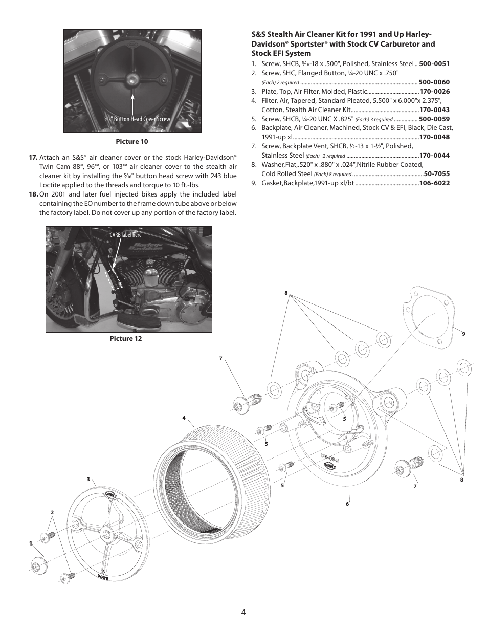 S&S Cycle Stealth Air Cleaner Kit for 1991 and Up Harley-Davidson Sportster with Stock CV Carburetor and Stock EFI System User Manual | Page 4 / 4