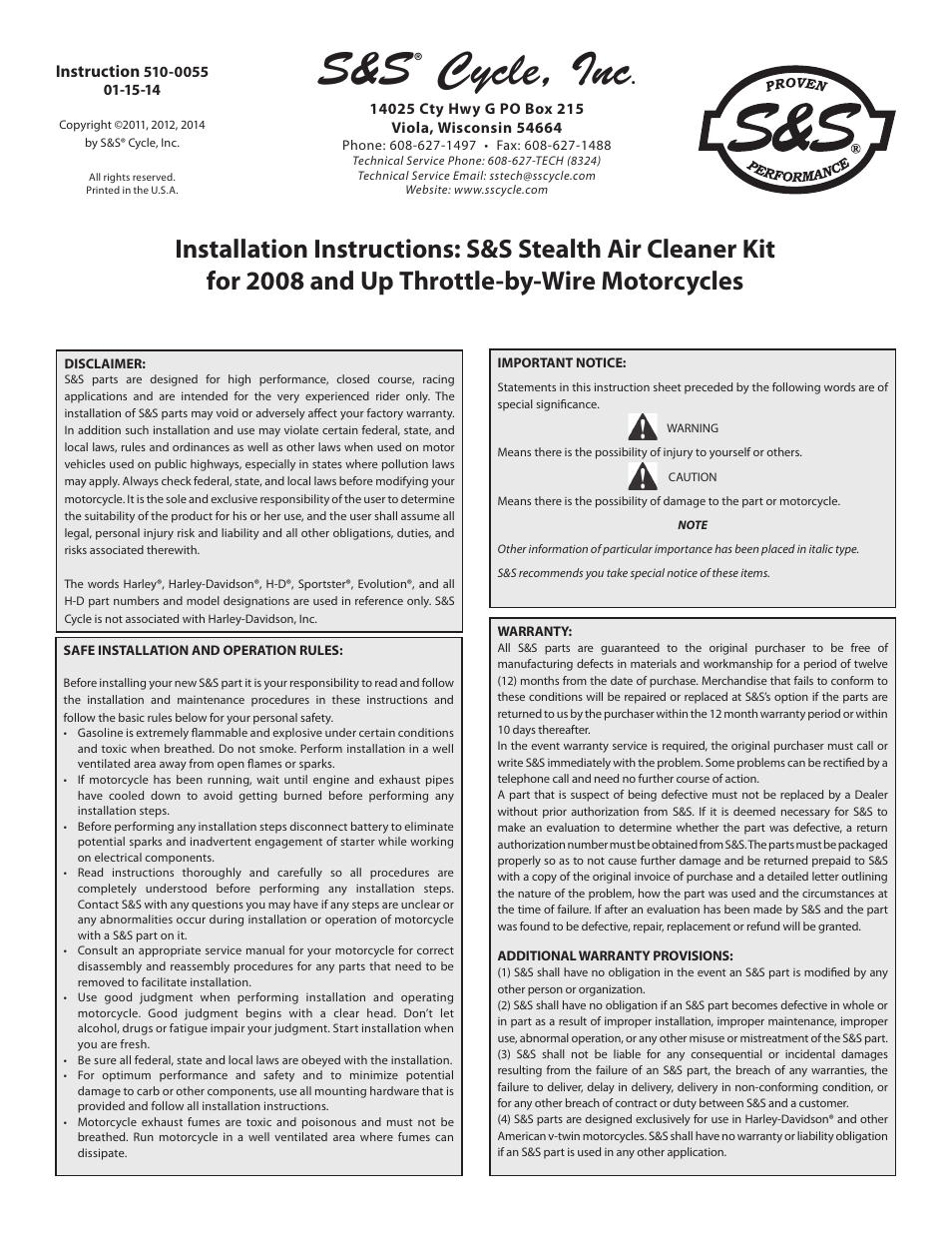 S&S Cycle Stealth Air Cleaner Kit for 2008 and Up Throttle-by-Wire Motorcycles User Manual | 4 pages