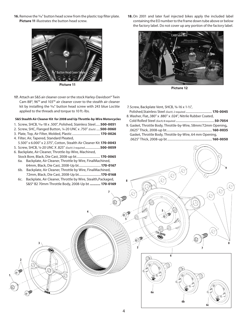 S&S Cycle Stealth Air Cleaner Kit for 2008 and Up Throttle-by-Wire Motorcycles User Manual | Page 4 / 4