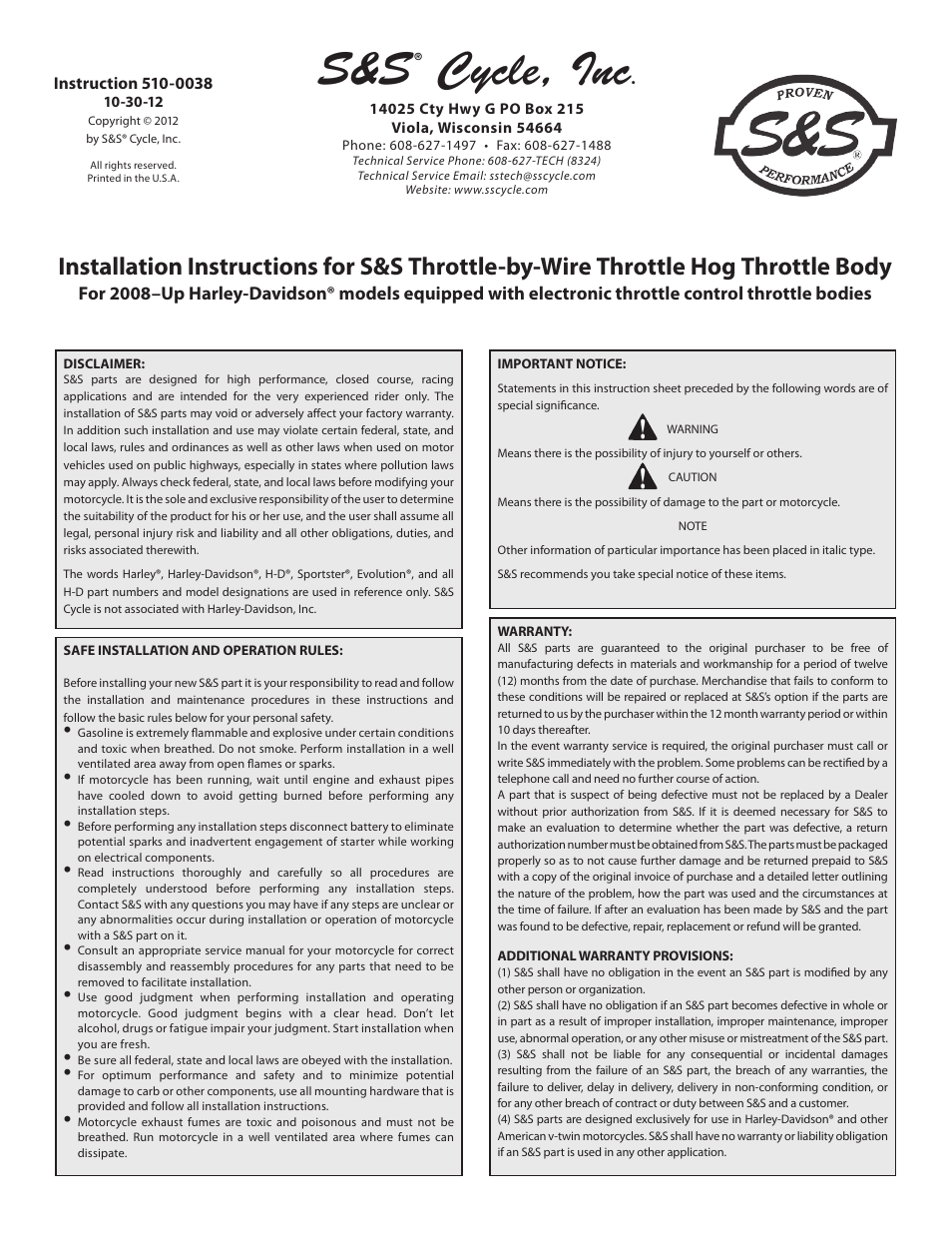 S&S Cycle Throttle-by-Wire Throttle Hog Throttle Body User Manual | 6 pages