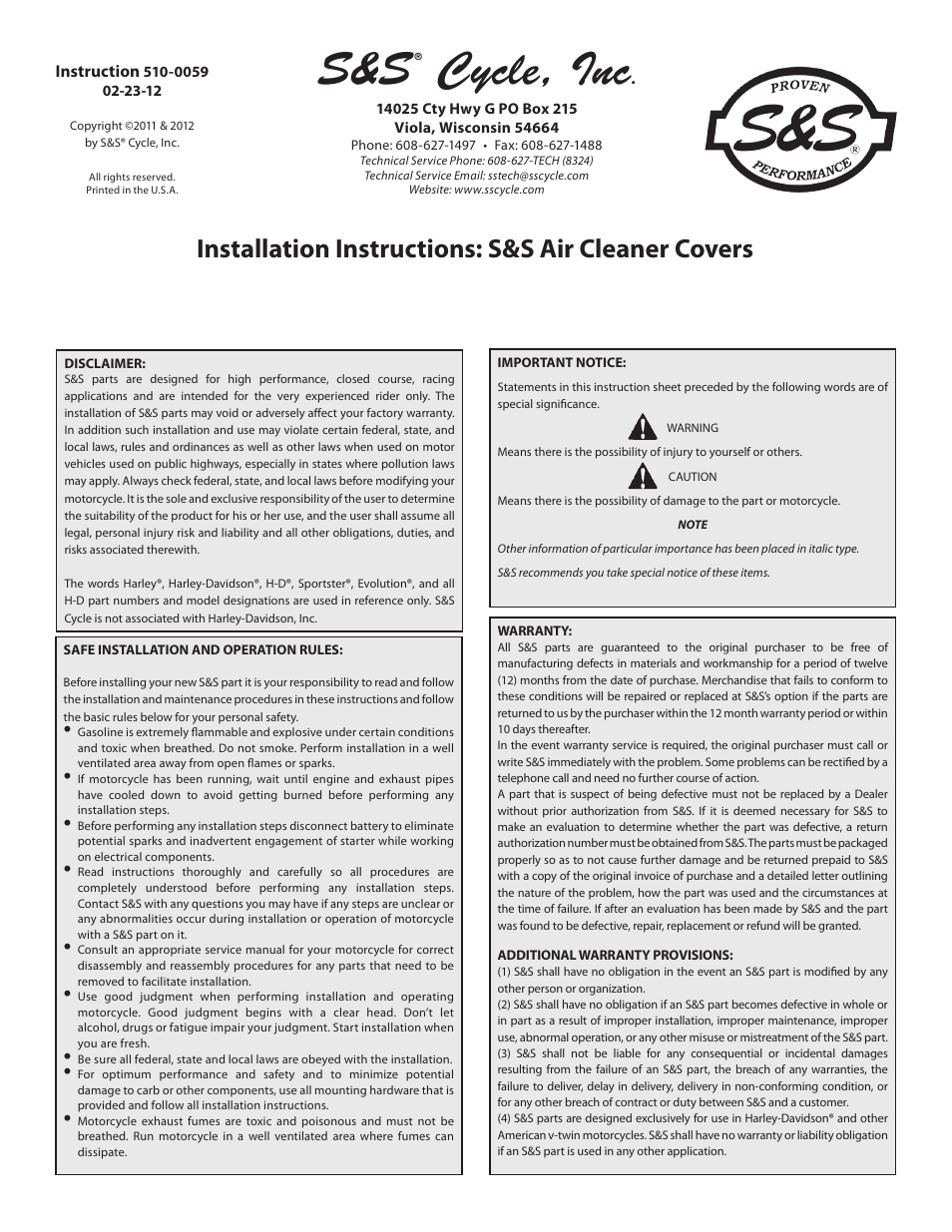 S&S Cycle Air Cleaner Covers User Manual | 8 pages