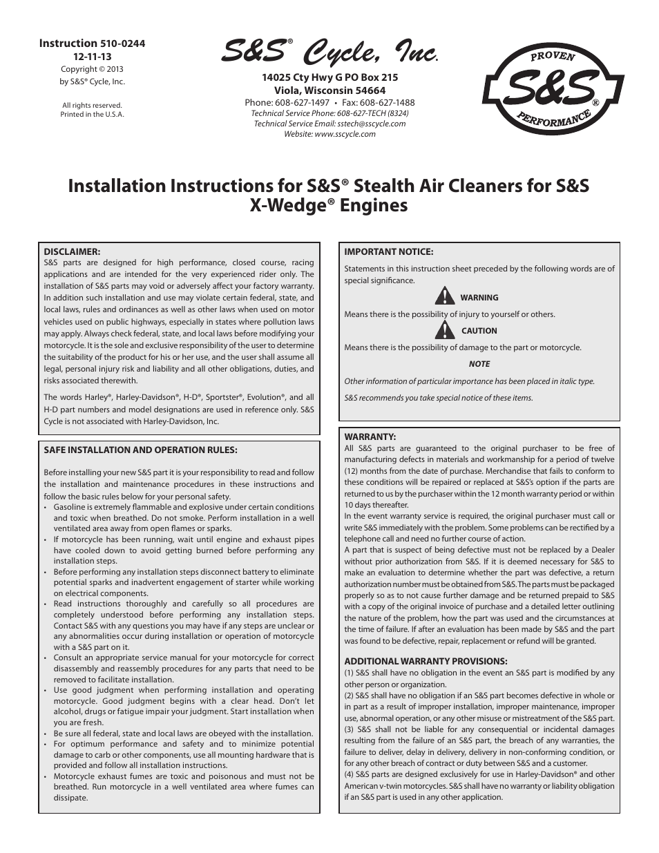 S&S Cycle Stealth Air Cleaners for S&S X-Wedge Engines User Manual | 4 pages