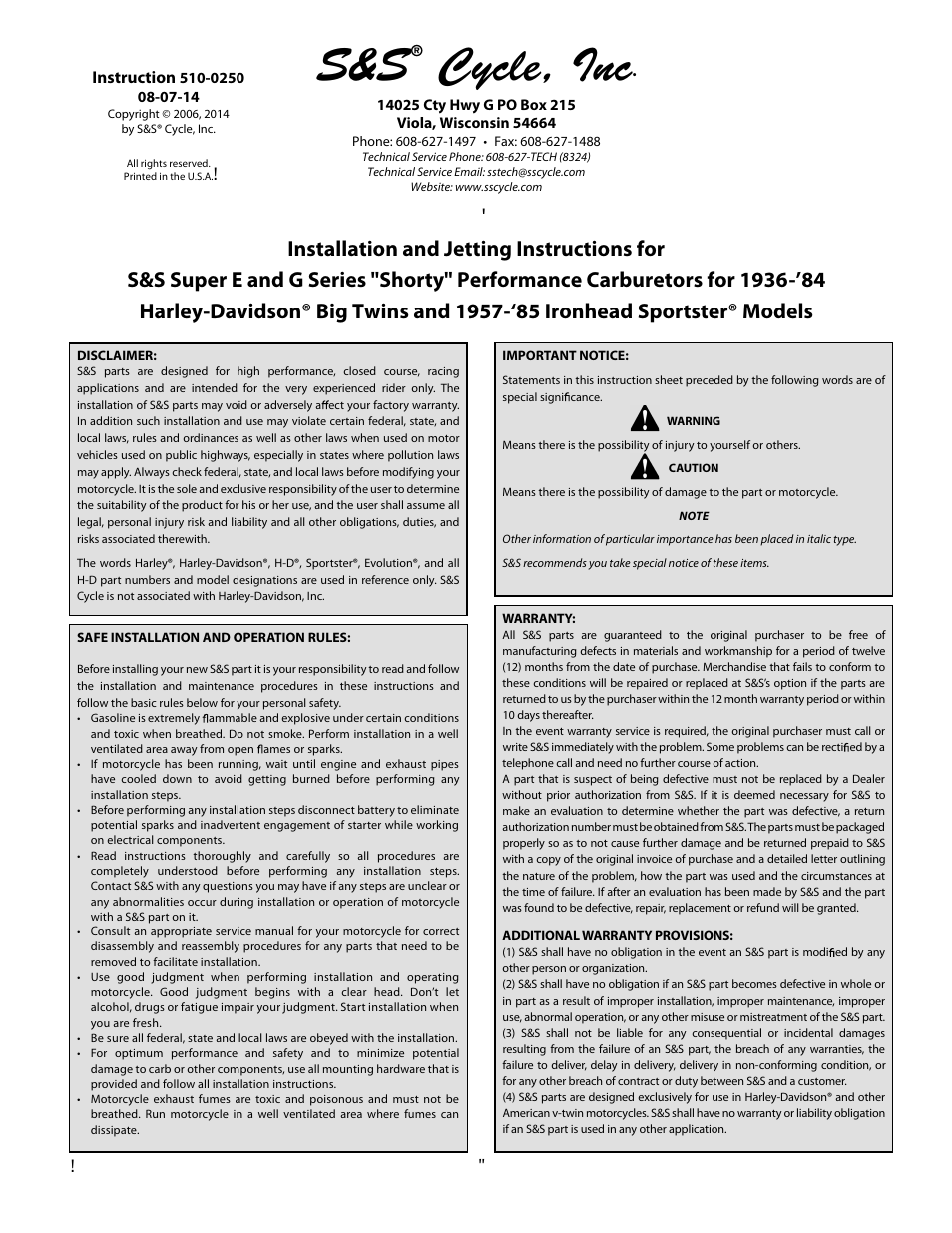 S&S Cycle Super E and G Series Shorty Performance Carburetors for 1936-84 Harley-Davidson Big Twins and 1957-85 Ironhead Sportster Models User Manual | 20 pages