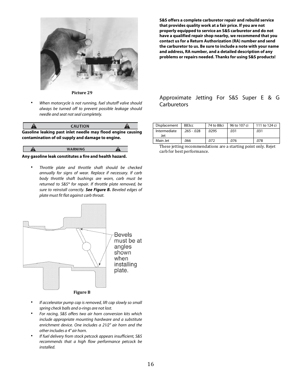 S&S Cycle Super E and G Series Shorty Performance Carburetors for 1936-84 Harley-Davidson Big Twins and 1957-85 Ironhead Sportster Models User Manual | Page 16 / 20