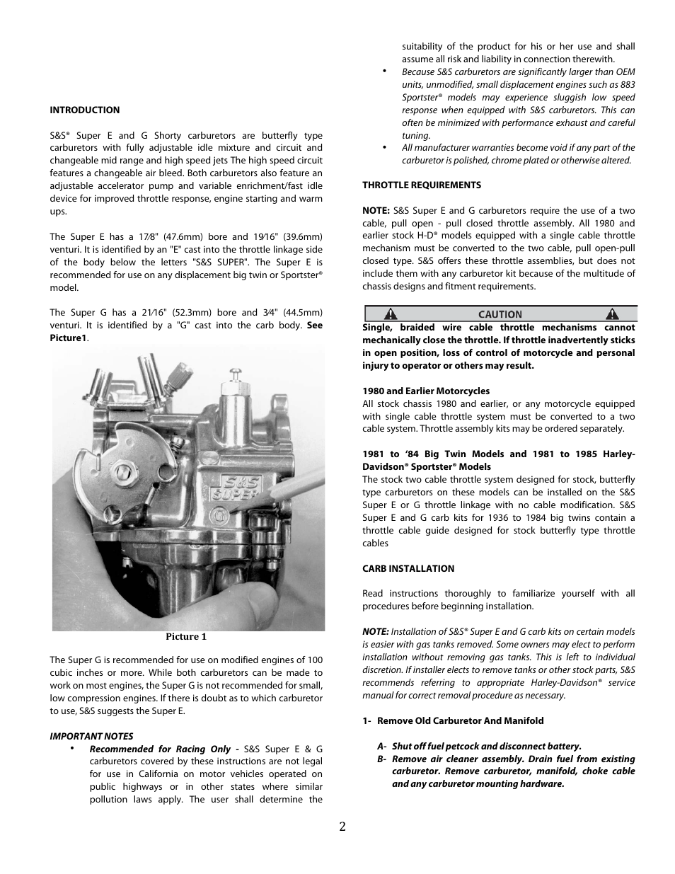 S&S Cycle Super E and G Series Shorty Performance Carburetors for 1936-84 Harley-Davidson Big Twins and 1957-85 Ironhead Sportster Models User Manual | Page 2 / 20