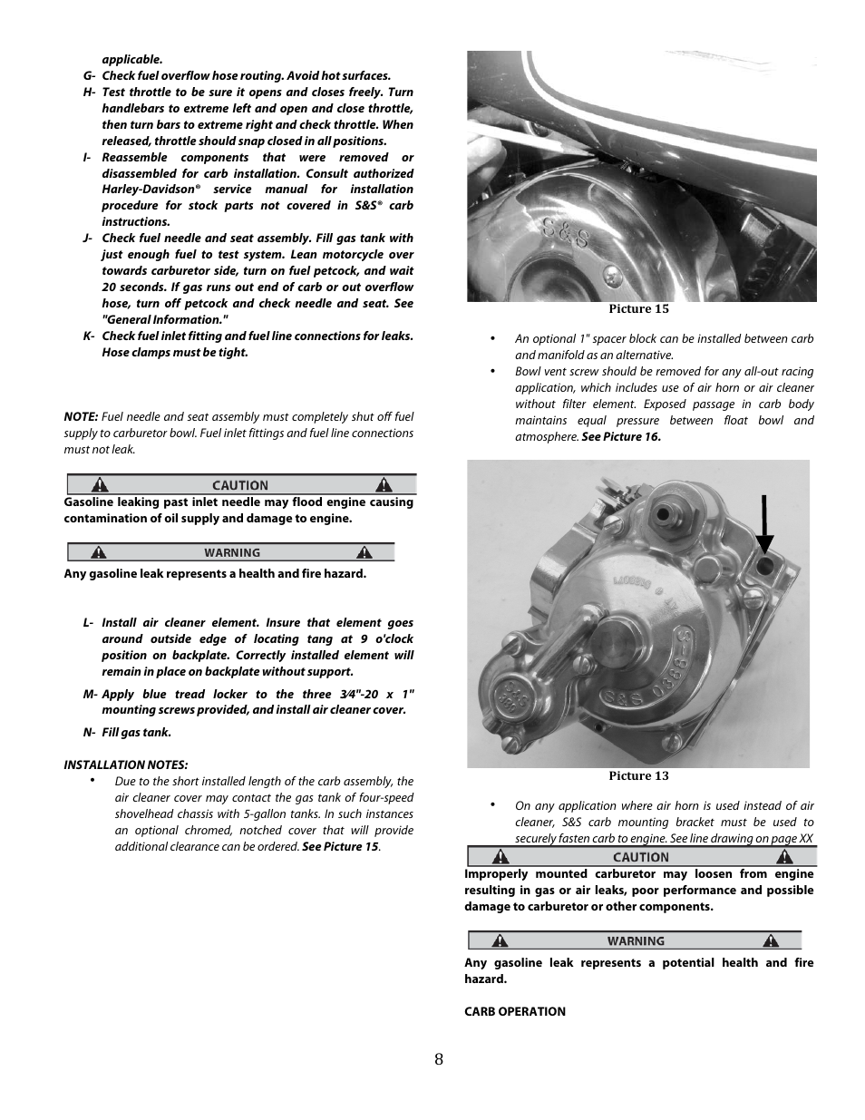 S&S Cycle Super E and G Series Shorty Performance Carburetors for 1936-84 Harley-Davidson Big Twins and 1957-85 Ironhead Sportster Models User Manual | Page 8 / 20