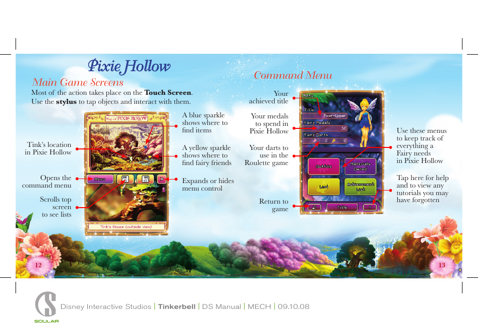 Pixie hollow, Main game screens, Command menu | Disney Interactive Studios Disney Fairies: Tinker Bell Nintendo DS NTR-CDFE-USA User Manual | Page 7 / 12