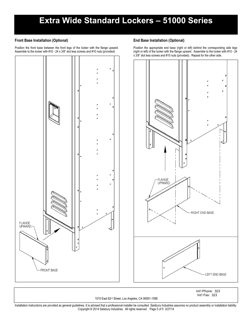 Single tier installation instructions, Salsbury industries | Salsbury Industries 51000 Series Extra Wide Standard Lockers Single Tier User Manual | Page 5 / 5