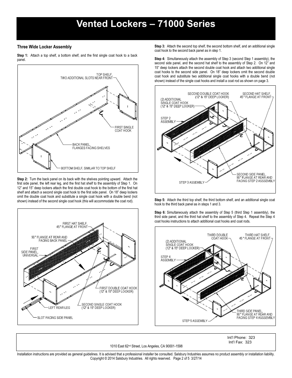 Single tier installation instructions, Salsbury industries | Salsbury Industries 71000 Series Vented Lockers Single Tier User Manual | Page 2 / 5