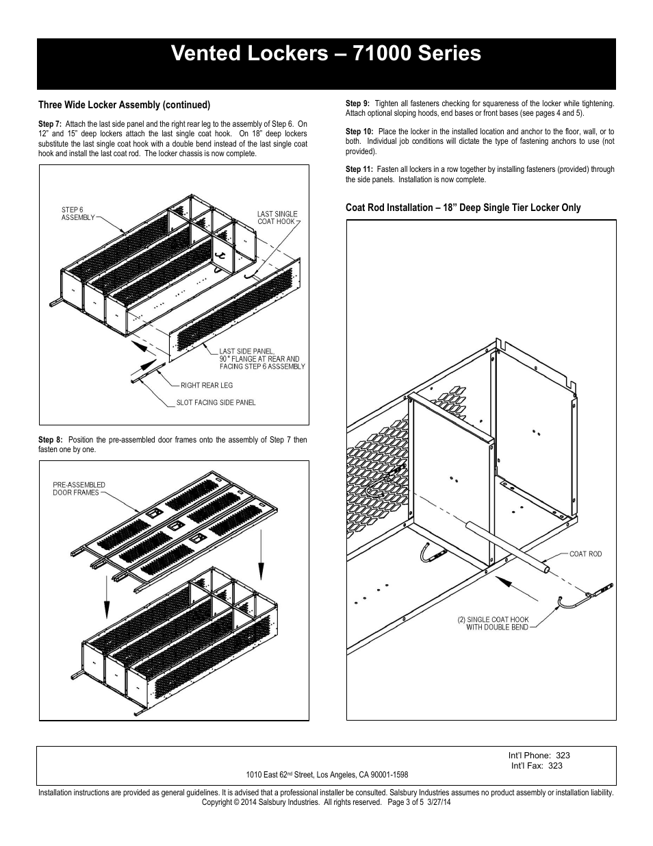 Single tier installation instructions, Salsbury industries | Salsbury Industries 71000 Series Vented Lockers Single Tier User Manual | Page 3 / 5