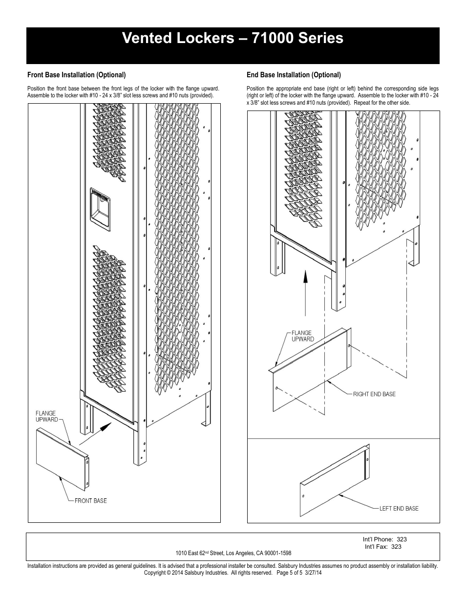 Single tier installation instructions, Salsbury industries | Salsbury Industries 71000 Series Vented Lockers Single Tier User Manual | Page 5 / 5