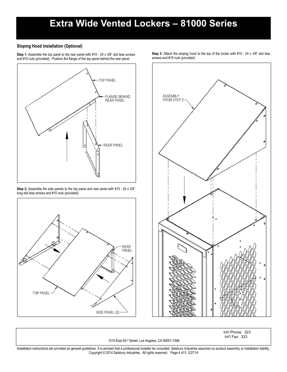Single tier installation instructions, Salsbury industries | Salsbury Industries 81000 Series Extra Wide Vented Lockers Single Tier User Manual | Page 4 / 5