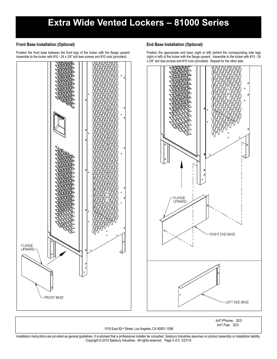 Single tier installation instructions, Salsbury industries | Salsbury Industries 81000 Series Extra Wide Vented Lockers Single Tier User Manual | Page 5 / 5