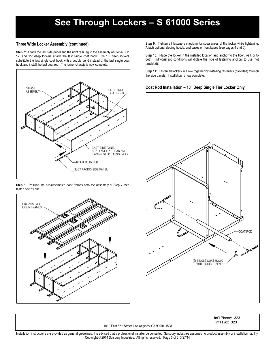 Single tier installation instructions, Salsbury industries | Salsbury Industries S-61000 Series See Through Lockers Single Tier User Manual | Page 3 / 5
