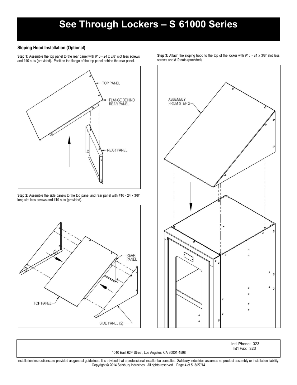 Single tier installation instructions, Salsbury industries | Salsbury Industries S-61000 Series See Through Lockers Single Tier User Manual | Page 4 / 5
