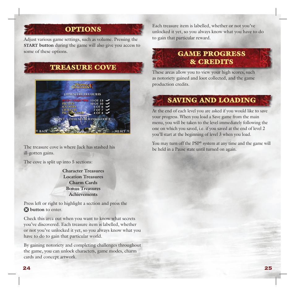 Options, Treasure cove, Game progress & credits | Saving and loading | Disney Interactive Studios Pirates of the Caribbean: At World's End for PSP User Manual | Page 14 / 14