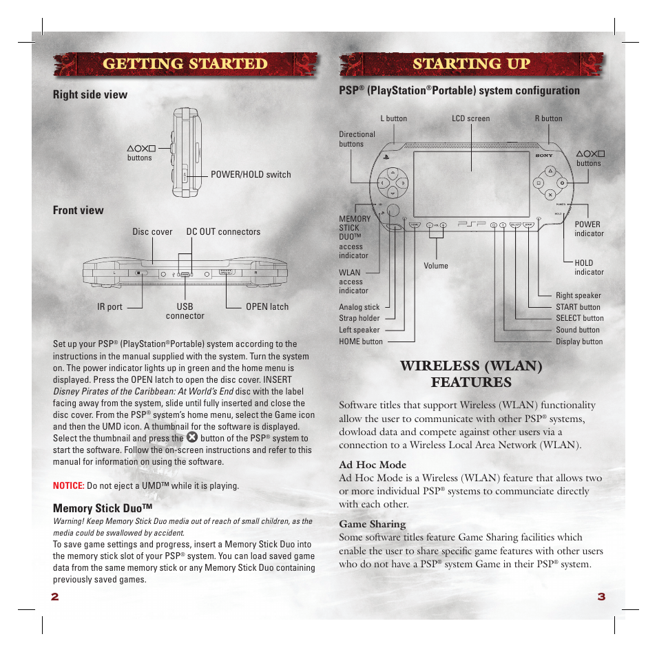 Starting up getting started, Wireless (wlan) features, Right side view psp | Playstation, Portable) system configuration front view | Disney Interactive Studios Pirates of the Caribbean: At World's End for PSP User Manual | Page 3 / 14