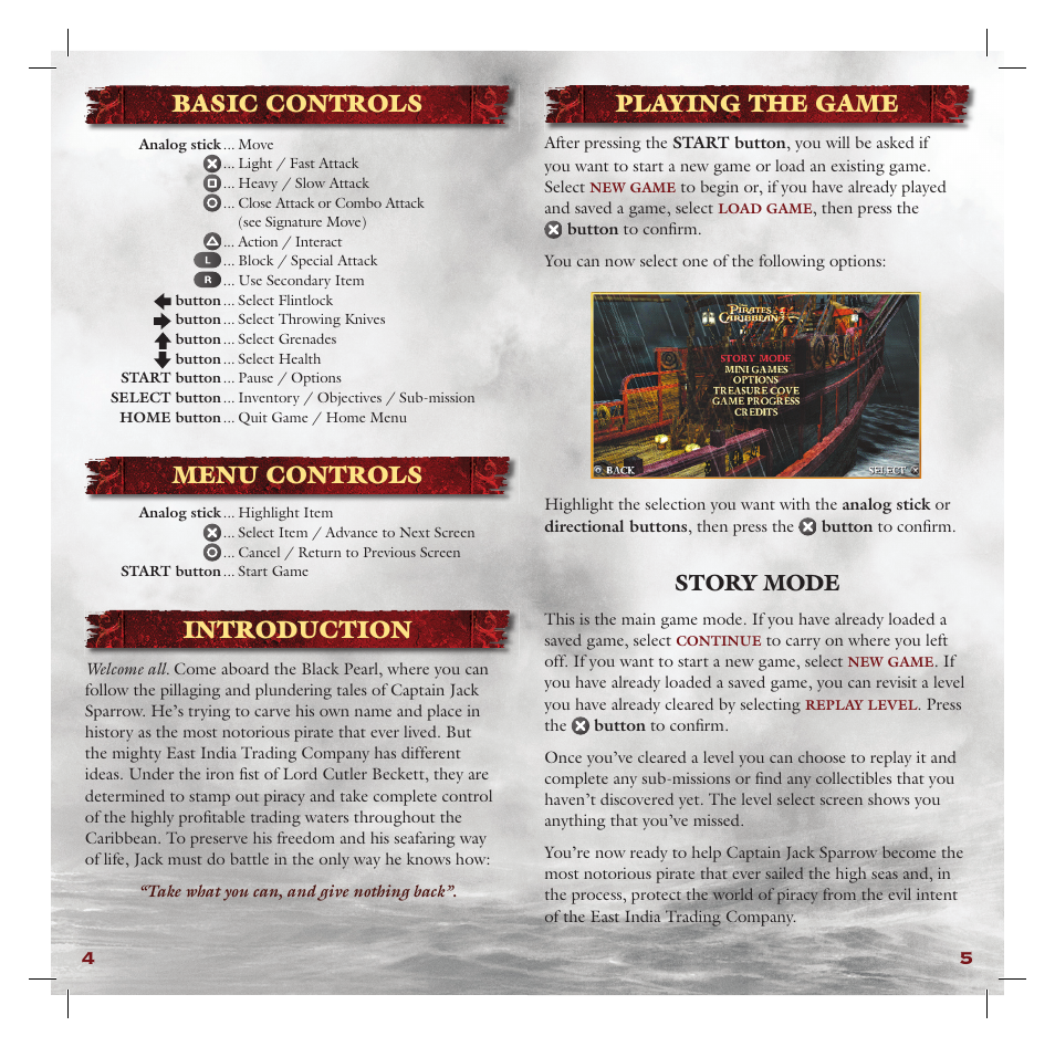 Basic controls, Menu controls, Introduction | Playing the game, Story mode | Disney Interactive Studios Pirates of the Caribbean: At World's End for PSP User Manual | Page 4 / 14