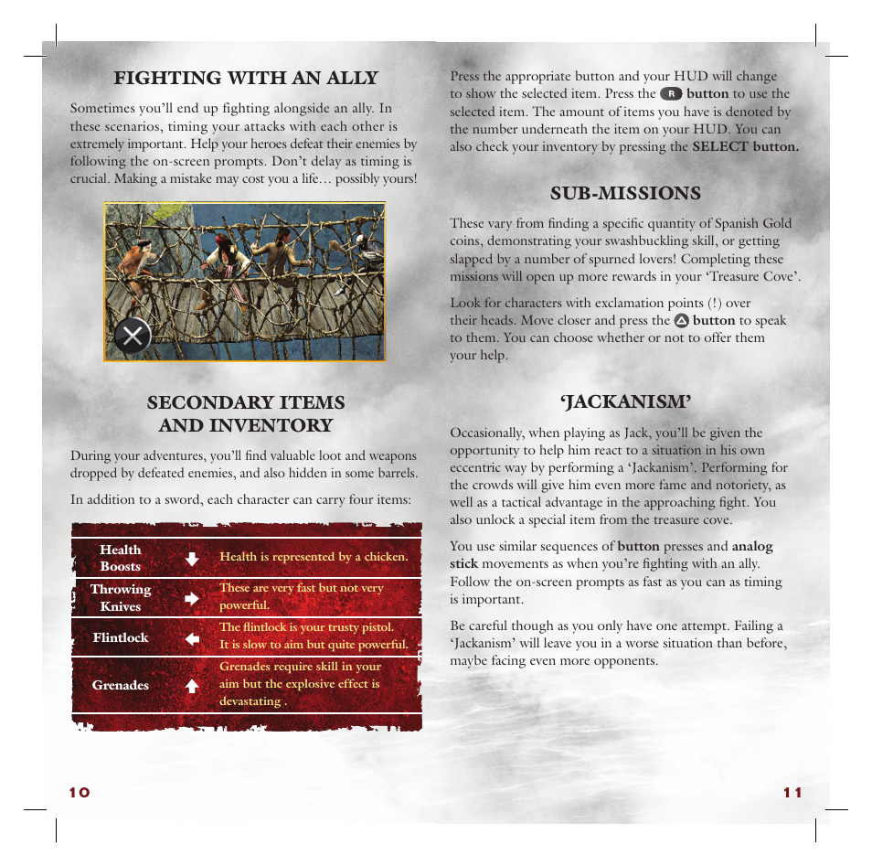 10 11 fighting with an ally, Secondary items and inventory, Sub-missions | Jackanism | Disney Interactive Studios Pirates of the Caribbean: At World's End for PSP User Manual | Page 7 / 14