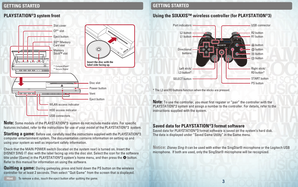 Getting started saved data for playstation, 3 format software, Notice | Playstation, 3 system front getting started, Starting a game, Quitting a game | Disney Interactive Studios PlayStation 3 Sing It User Manual | Page 3 / 6