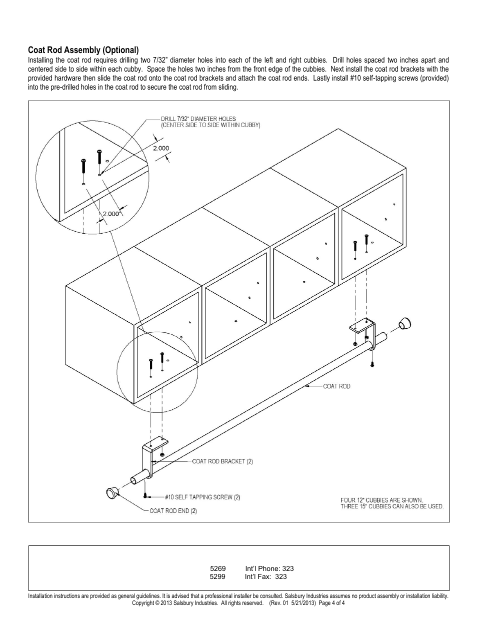 Salsbury industries, Coat rod assembly (optional) | Salsbury Industries 31000 Cubbies User Manual | Page 4 / 4