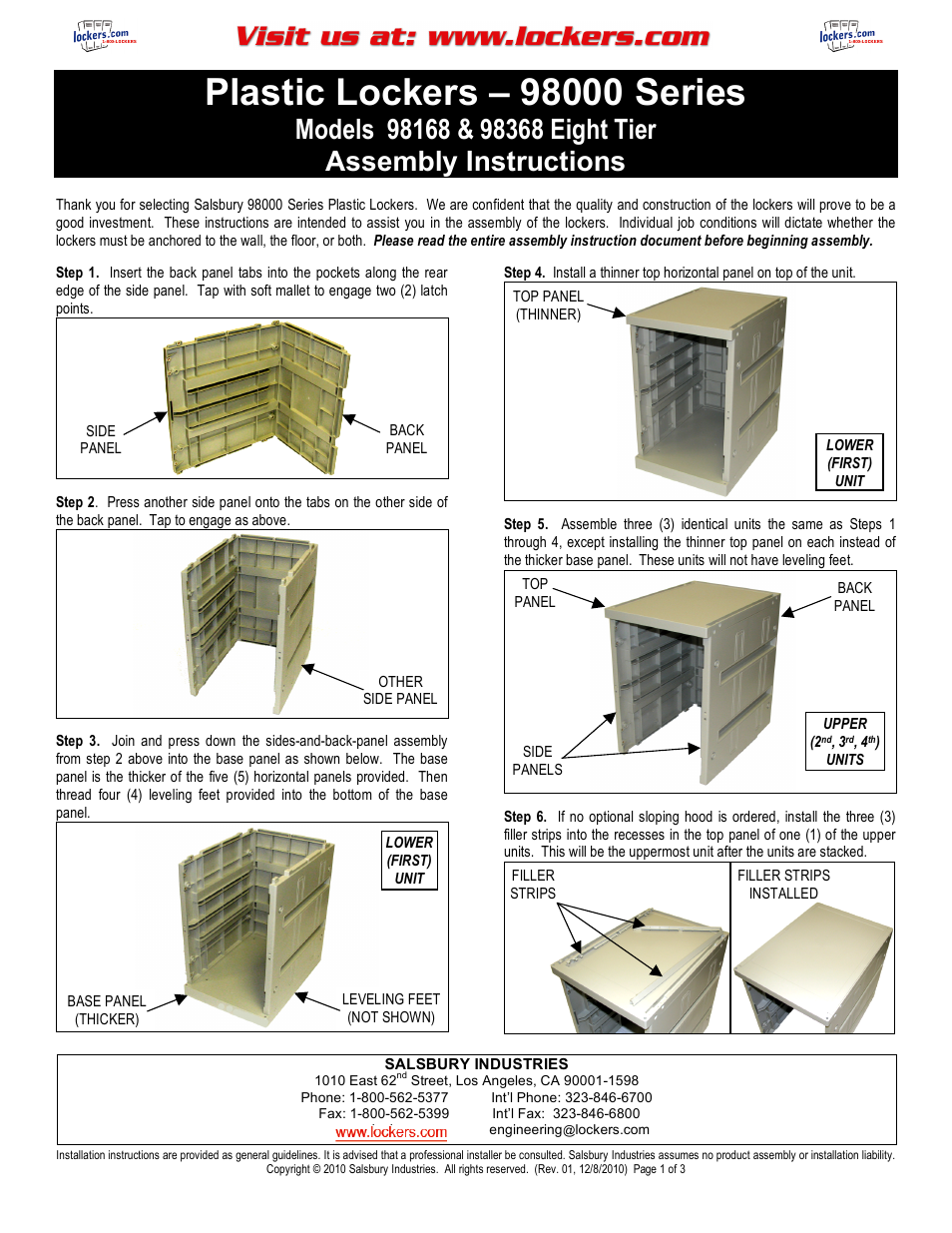 Salsbury Industries 98000 Series Plastic Lockers (98168,98368 Eight Tier) User Manual | 3 pages