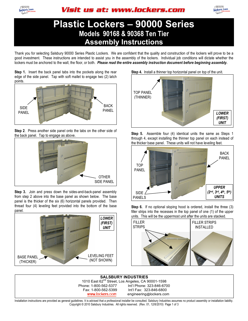 Salsbury Industries 90000 Series Plastic Lockers (90168,90368 Ten Tier) User Manual | 3 pages