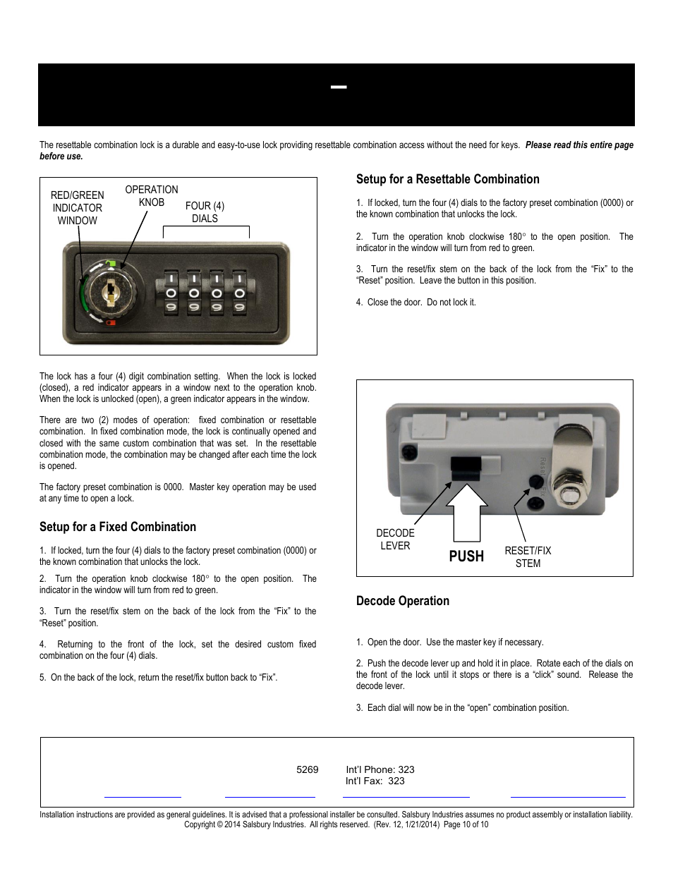 Push, Salsbury industries, Setup for a fixed combination | Setup for a resettable combination, Decode operation | Salsbury Industries 19000 Series Cell Phone Lockers Surface Mounted User Manual | Page 10 / 10