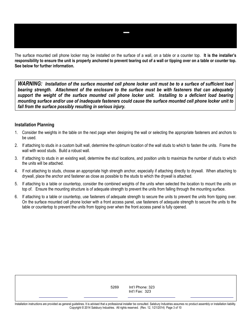 Surface mounted installation instructions, Warning | Salsbury Industries 19000 Series Cell Phone Lockers Surface Mounted User Manual | Page 3 / 10